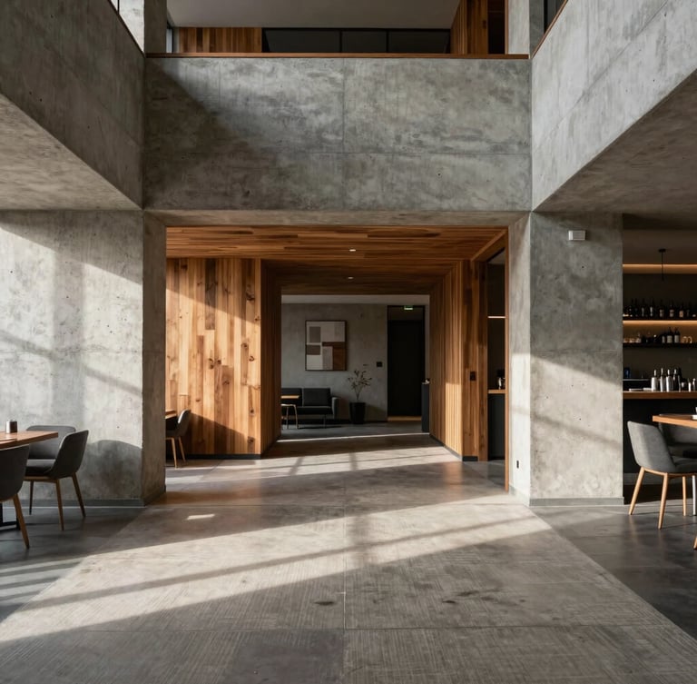 Straight-on architectural shot of a modern hotel interior in Bulgaria, raw concrete walls, warm timber accents, natural light casting long shadows on linen sheets