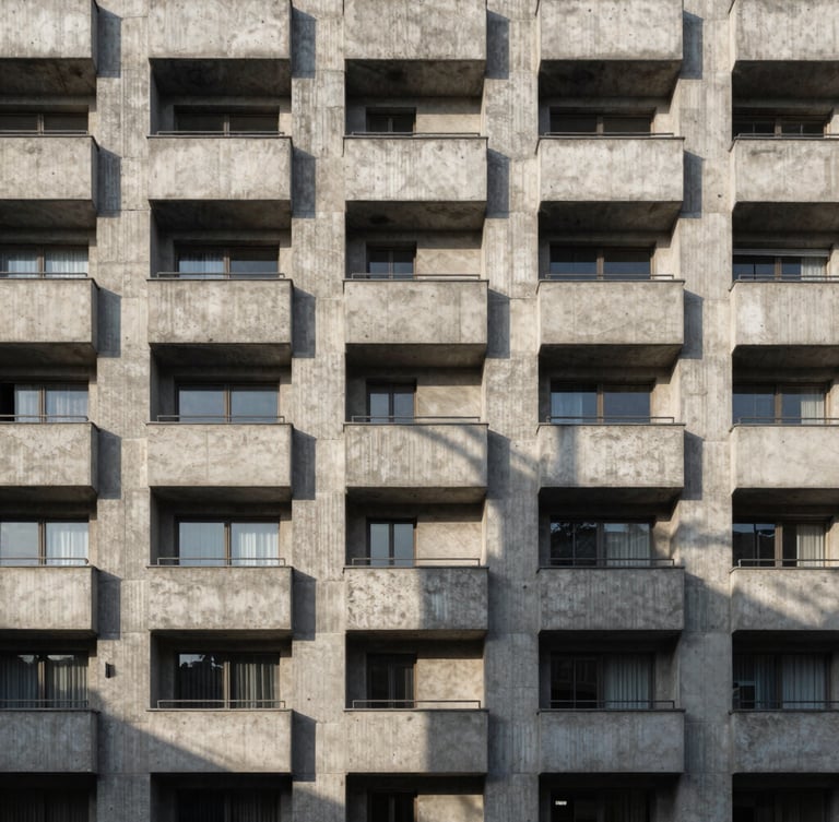 Straight-on architectural detail of a brutalist concrete hotel facade in Bulgaria, soft afternoon shadows casting geometric patterns, minimalist design, high contrast.
