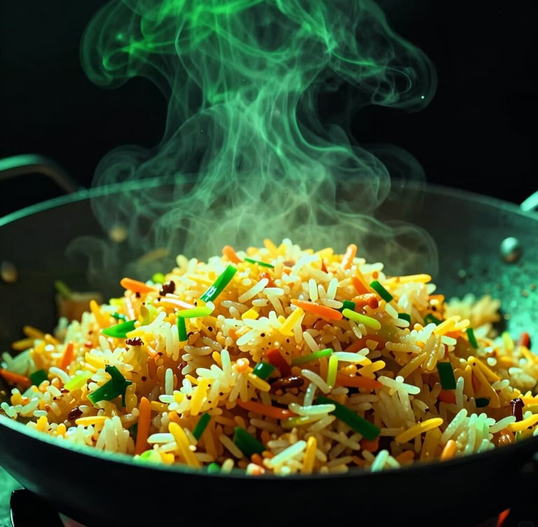 Vibrant close-up of steam rising from wok-tossed fried rice in mid-air, dramatic neon green backlighting, high-contrast matte black background, 35mm lens