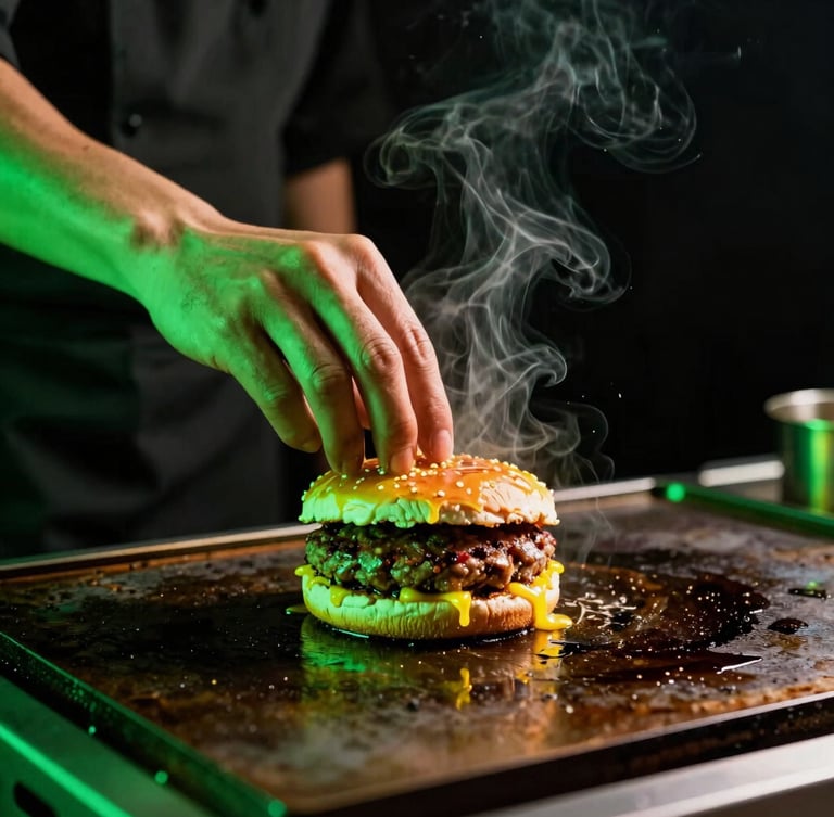 Close-up action shot of a chef pressing a smash burger on a piping hot flattop grill, glowing green neon highlights, steam rising, dramatic lighting