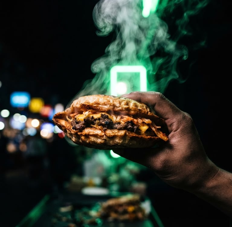 Dynamic close-up of steam rising from a fresh pressed UFO burger with glowing neon green backlighting, high-contrast matte black background