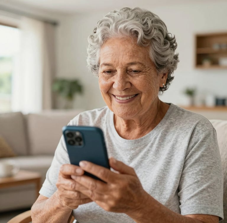Medium close-up of a smiling Brazilian retiree holding a smartphone in a sunlit living room, warm editorial photography, shallow depth of field, 35mm