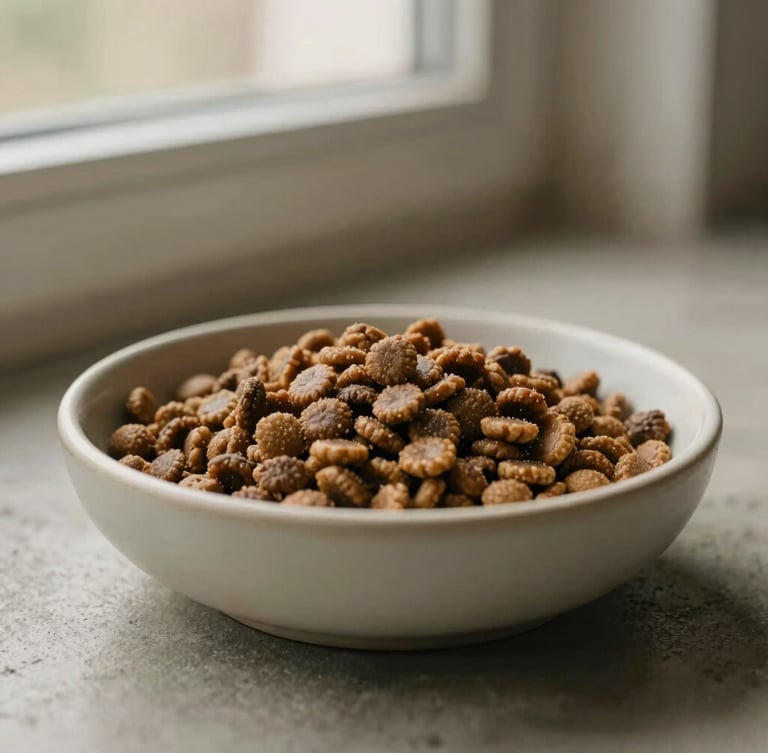 Close-up of premium kibble texture in a minimalist ceramic bowl on a concrete floor, warm natural window light, shallow depth of field, Aesop style