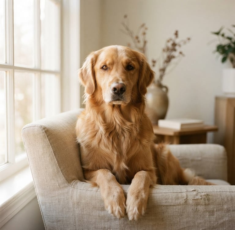 Close-up of a healthy, calm Golden Retriever sitting in a sunlit, minimalist living room, soft natural window light, muted earthy tones, shallow depth of field, editorial 35mm photography.