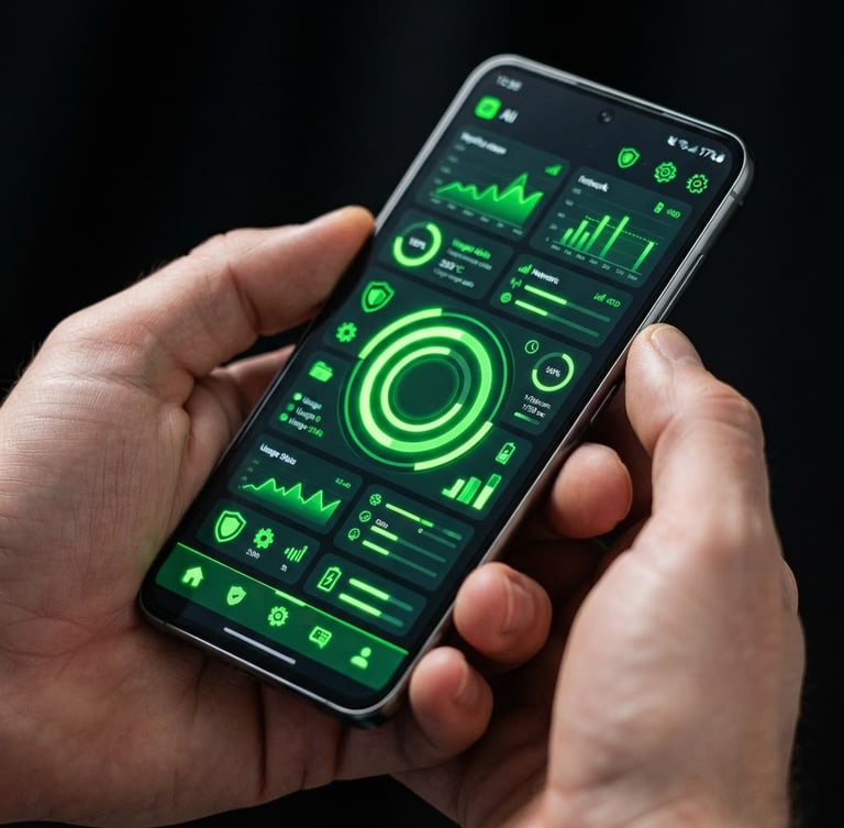 Macro close-up of a modern Android smartphone displaying a clean, vibrant utility app interface, held by hands, bright studio light, neon green accents on screen.