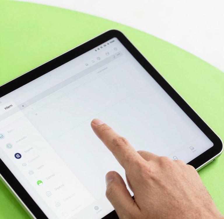 Close-up of a hand interacting with a modern Android tablet displaying a wireframe of an app interface, bright studio light, green accents, 50mm