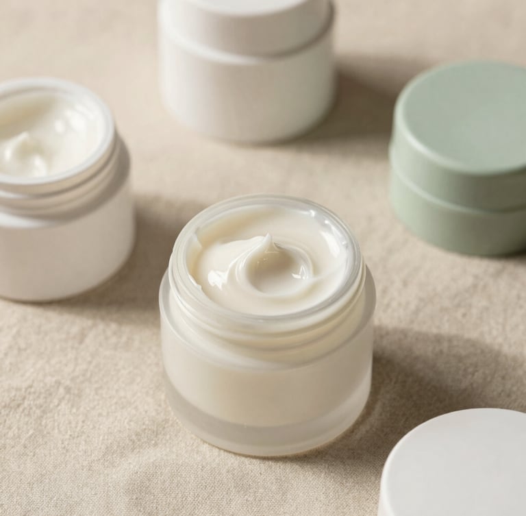 Overhead flat lay of clean skincare jars on organic linen, soft shadows, warm neutral tones
