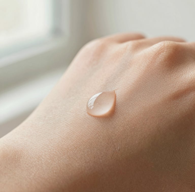 Macro close-up of a single clean serum droplet on unretouched skin showing natural texture, soft morning side light