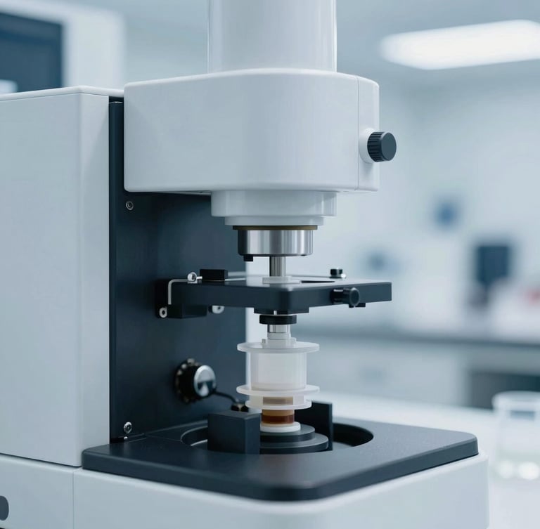 Macro close-up of high-end scientific chromatography apparatus in a quiet, cool-toned laboratory, soft overcast daylight, sharp focus.