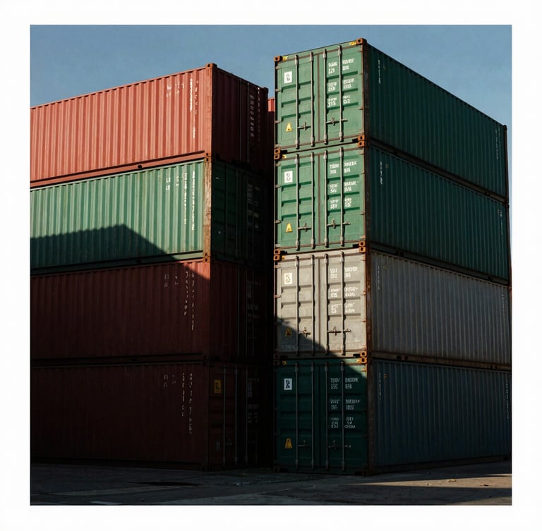 Wide-angle industrial shot of stacked shipping containers at a Mediterranean port, dramatic morning sunlight, high-contrast shadows, 35mm