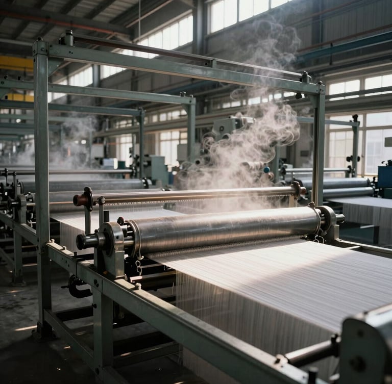 Wide-angle industrial interior of a textile mill, massive steel stenter frames with fabric moving rapidly through them, high-contrast dramatic light, steam rising, metallic surfaces.