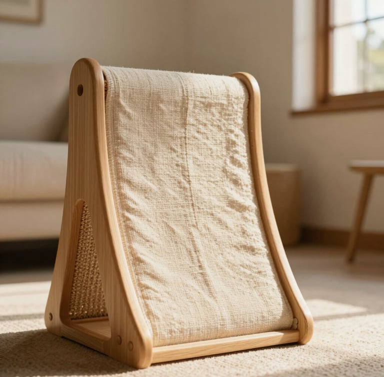 Close-up of a modern wooden cat scratcher with premium linen fabric in a sunlit Mexican living room, warm tones, architectural lines, shallow depth of field, 35mm