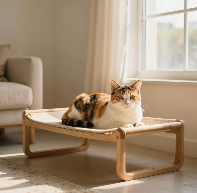 A beautiful calico cat resting on a premium minimalist wooden cat bed, warm golden hour window light, modern Mexican living room context, soft shadows, 35mm photography