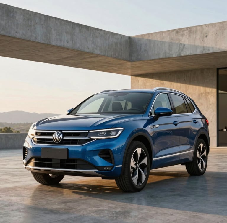 Low-angle heroic front quarter of a brand-new 2026 Volkswagen SUV, polished metallic blue finish, clean modern architectural concrete background, crisp morning daylight, 35mm