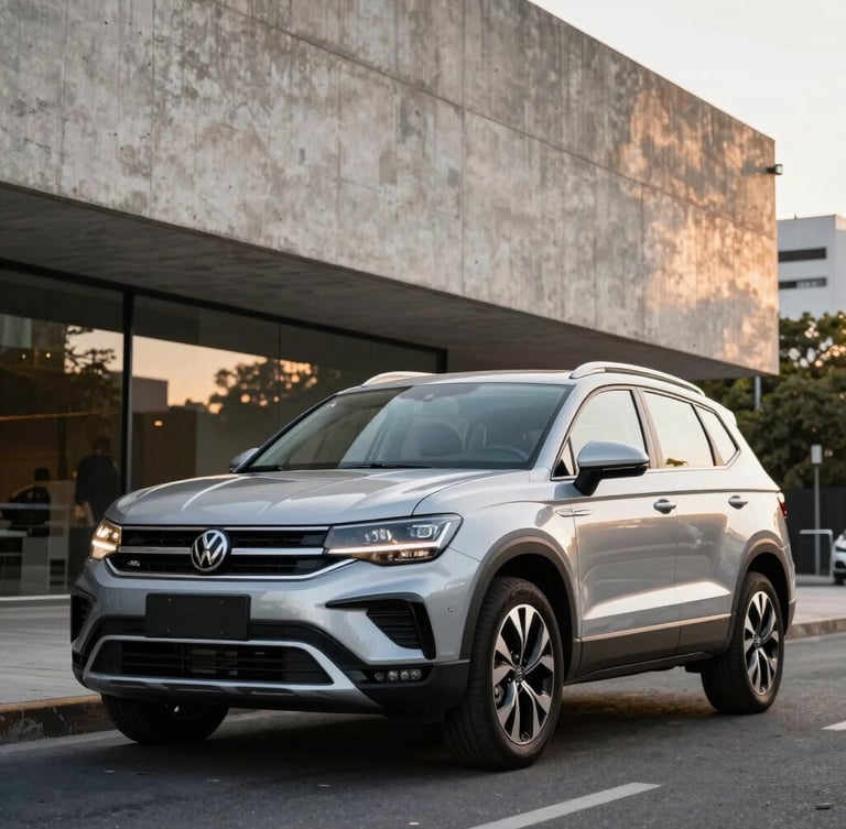 Low-angle heroic front quarter of a brand-new silver Volkswagen Taos parked in front of a modern concrete architectural building in Buenos Aires, sharp daylight reflections, premium automotive photography, 35mm