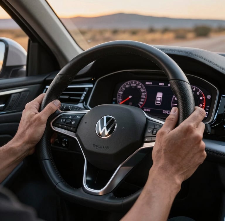 Detailed macro shot of a driver's hands on a sleek leather-wrapped Volkswagen steering wheel, digital cockpit dashboard glowing in the background, clean focus