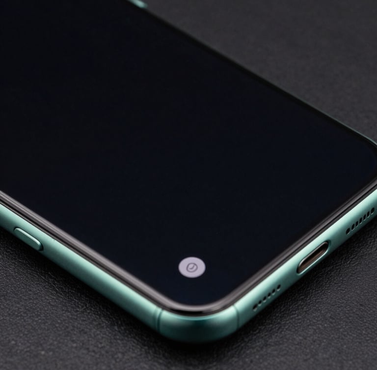 Tight macro crop of a modern bezel-less Android smartphone displaying a clean, high-contrast dark-mode user interface with sharp cyber-mint highlights, cool studio lighting.