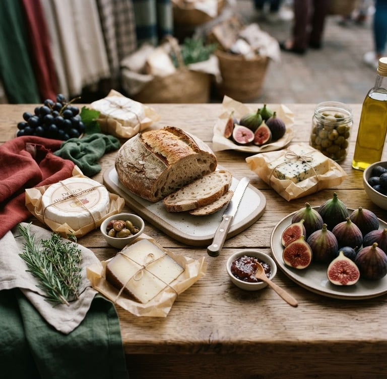 Overhead flat-lay of a curated wooden table in a Scandinavian-style market, specialty cheeses wrapped in parchment, fresh figs, rustic sourdough loaf, soft morning side-light, 35mm photography.
