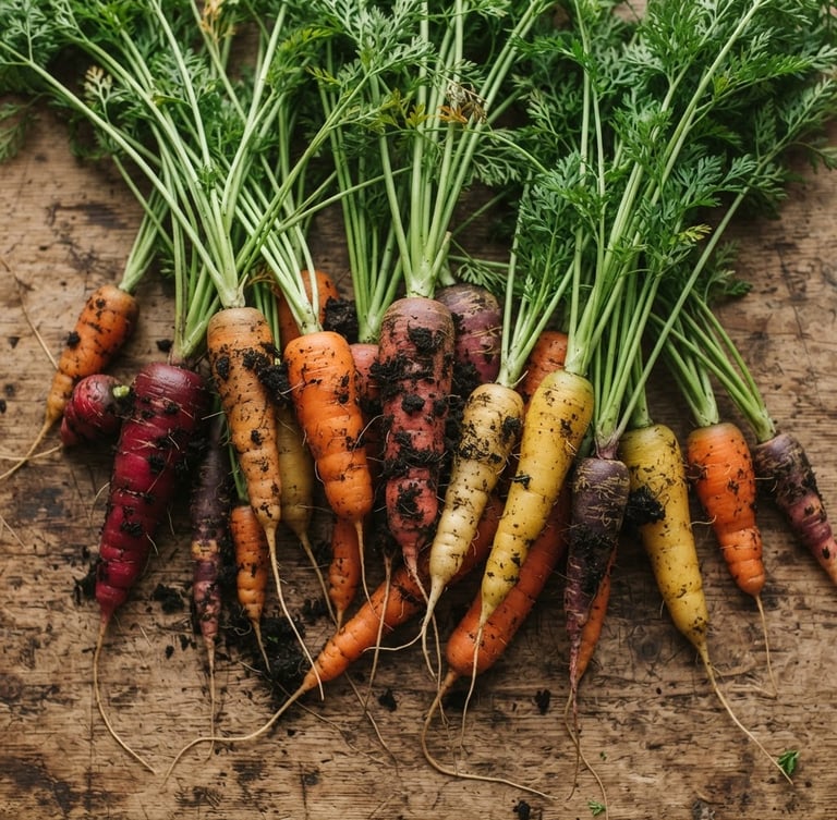 Overhead flat-lay of freshly harvested heirloom carrots with dark soil still clinging to their roots, resting on a rustic wooden table in soft, diffused morning light.