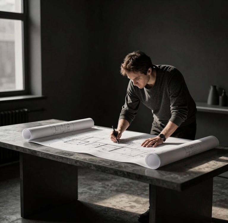Architect in a dark minimalist studio analyzing blueprints on a concrete table, soft dramatic side lighting, high-contrast monochrome with warm undertones