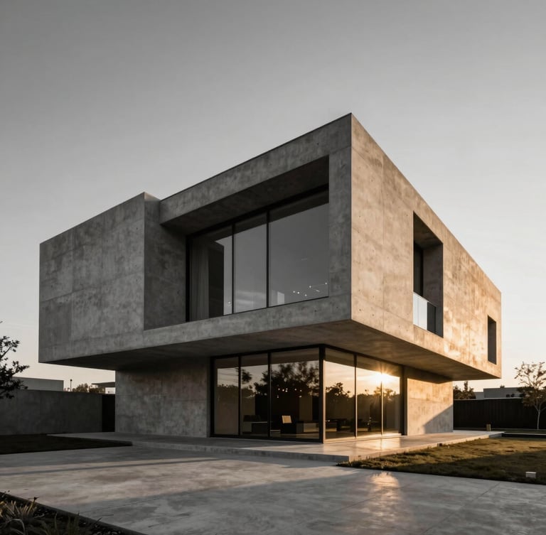 Wide-angle architectural elevation of a modern monolithic concrete villa at golden hour, sharp lines, dramatic shadows, warm light reflecting on glass facades.