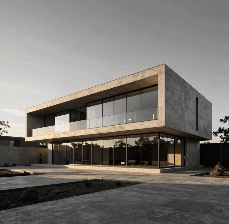 Wide-angle architectural rendering of a monolithic concrete and glass villa at golden hour, sharp shadows, minimalist design, premium photography