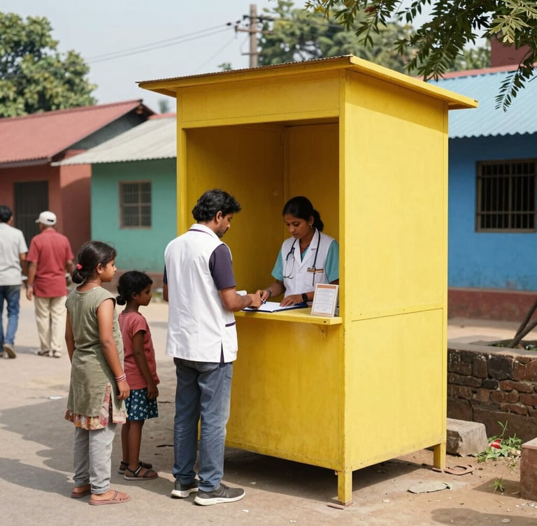A high-visibility yellow vaccination booth set up in a vibrant Indian village square, with local healthcare workers in vests interacting with families under bright daylight.