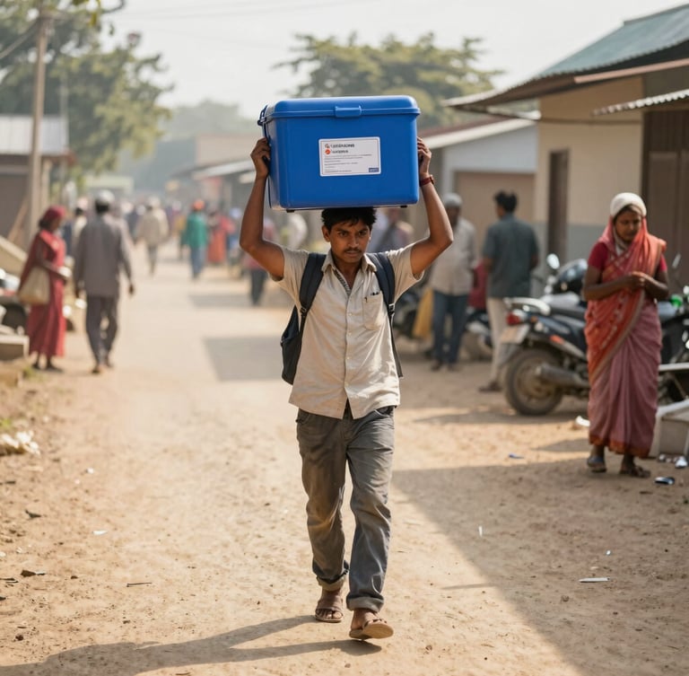 A dedicated health volunteer carrying the iconic blue vaccine carrier box along a dusty rural path, bright morning sun casting long shadows.