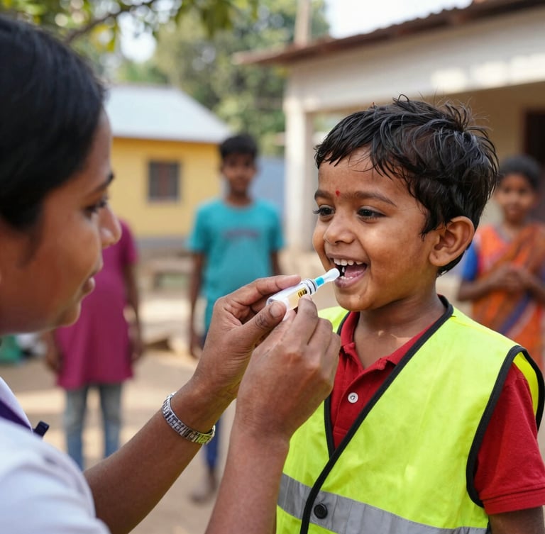 Close-up of a smiling Indian toddler receiving oral polio vaccine drops from a healthcare worker in a high-visibility vest, warm natural morning light, vibrant outdoor community setting, 35mm lens