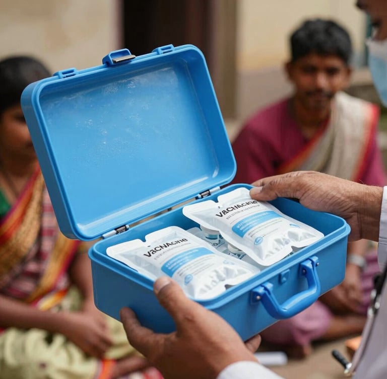 A close-up shot of an iconic blue vaccine carrier box being opened by a healthcare worker, showing conditioned ice packs inside, bright daylight.