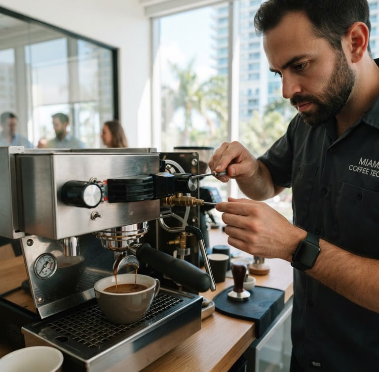 A close-up of a technician calibrating a brushed steel espresso machine, clean modern Miami office background, bright natural window light, 35mm