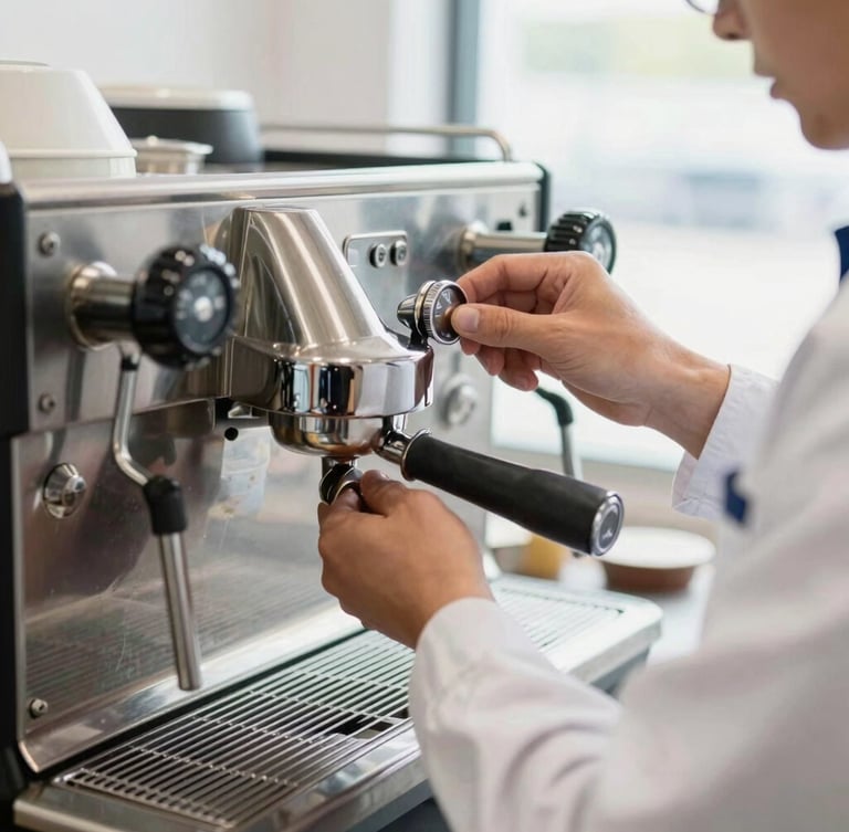 Close-up shot of a professional technician in a clean uniform calibrating a commercial espresso machine, bright natural light, focus on hands adjusting the steel dial
