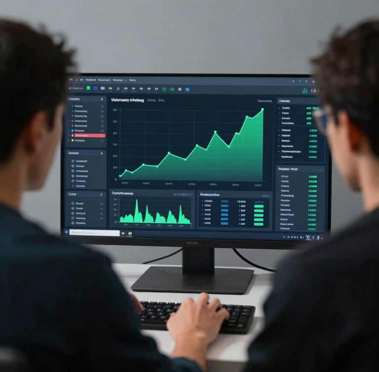 Over-the-shoulder view of a developer analyzing a real-time analytics dashboard with upward-trending green charts, sharp focus, cool high-contrast studio light, 35mm