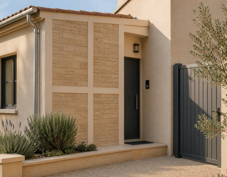 Façade moderne avec panneaux décoratifs et enduit clair