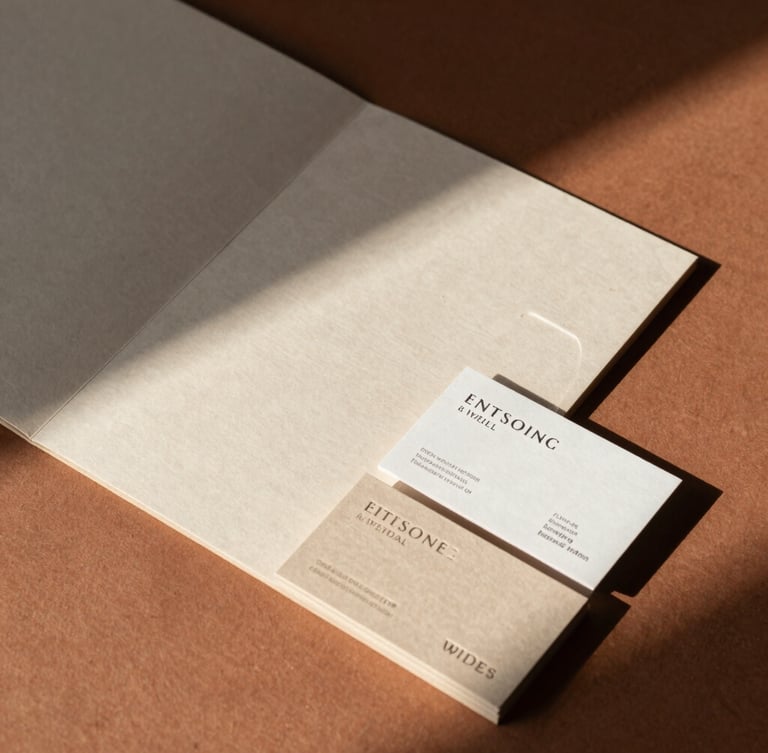 Wide architectural crop of environmental branding collateral, including a heavy paper folder and embossed business cards, arranged on a warm clay surface with dramatic natural shadows.