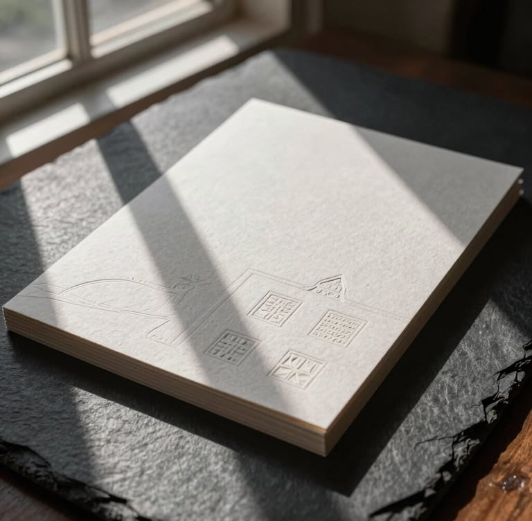 Architectural close-up of heavy embossed stationery on a dark slate table, dramatic natural window light casting deep shadows, tactile paper grain texture.