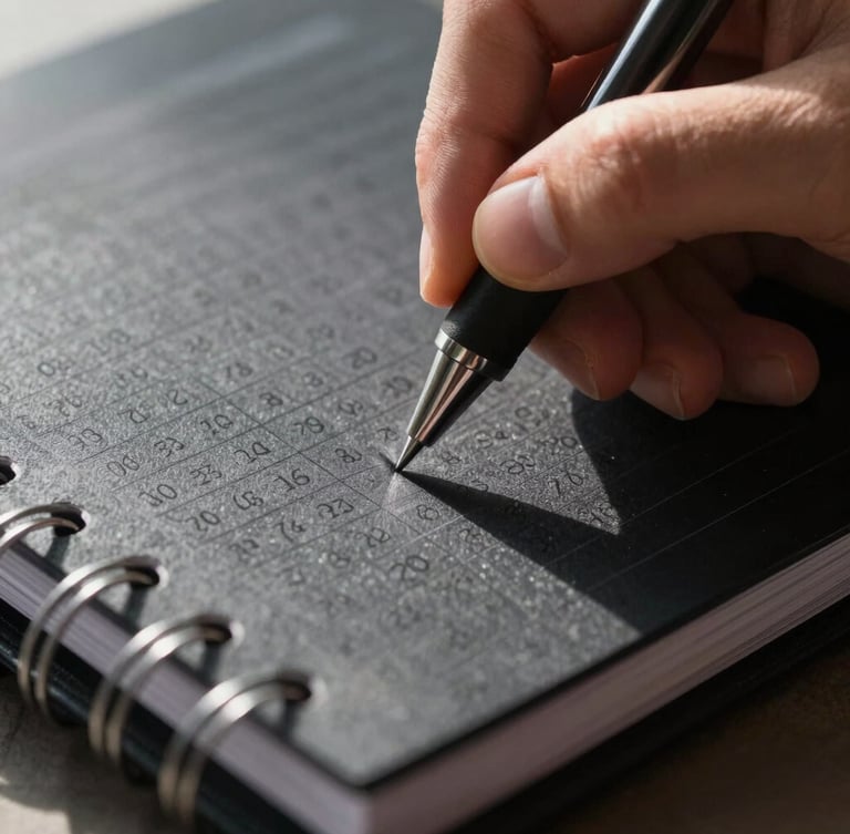 Extreme close-up of a hand writing precise numbers in a physical black planner with a technical pen, high-contrast directional light, deep shadows, minimal background.