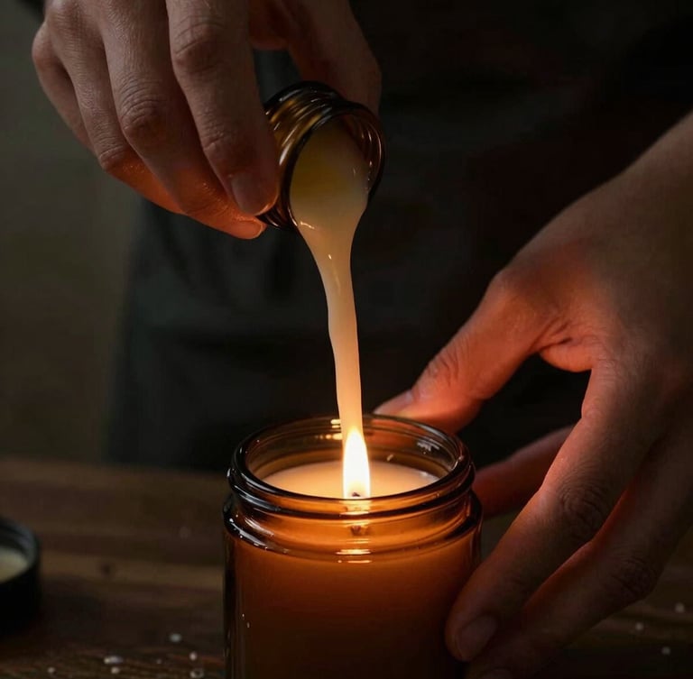 Artisanal candle pouring process, warm melted wax falling into a dark amber glass jar, hands of a maker visible, soft low-key lighting, moody atmospheric shot