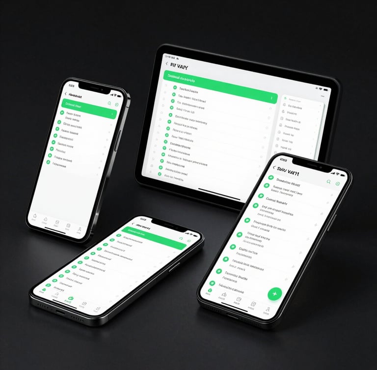 High-fidelity mockups of Android devices displaying complex task lists and achievement screens, glowing green accent lines, dark studio lighting