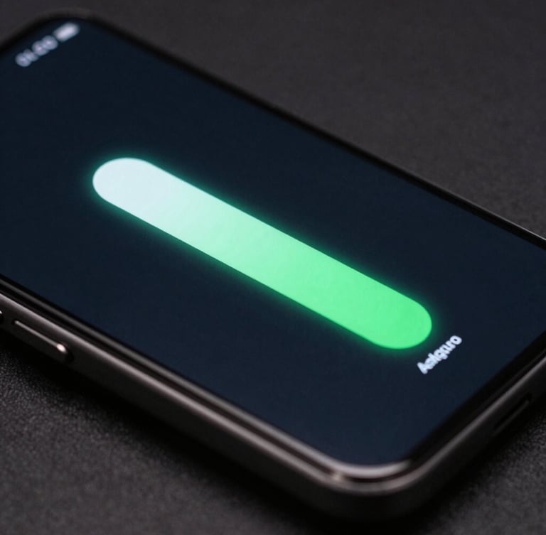 Ultra-tight macro crop of an OLED mobile screen displaying a glowing mint-green progress bar, dark slate interface, dramatic side lighting, high-fidelity Android mockup.
