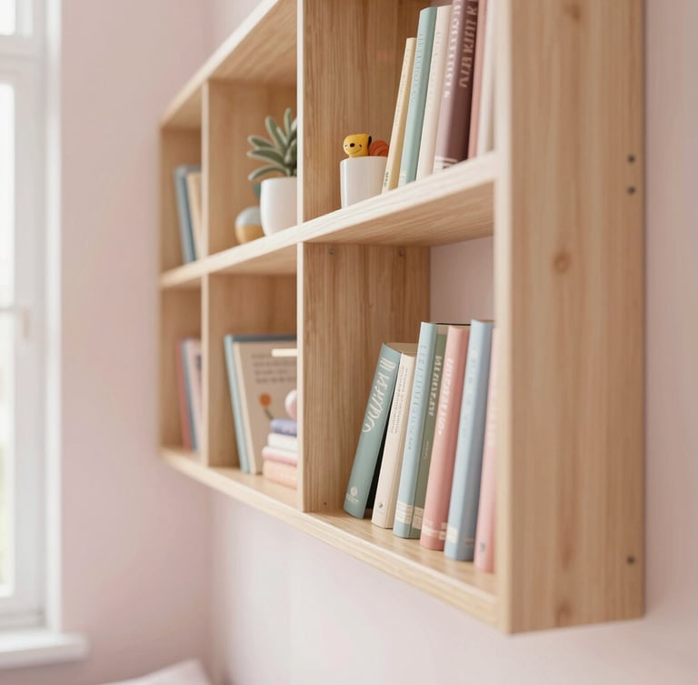 Close-up portrait shot of narrow wall floating book racks in a teen's bedroom, filled with books and small decor, light wood texture visible, soft pastel wall background, bright afternoon light, clean composition, 35mm lens