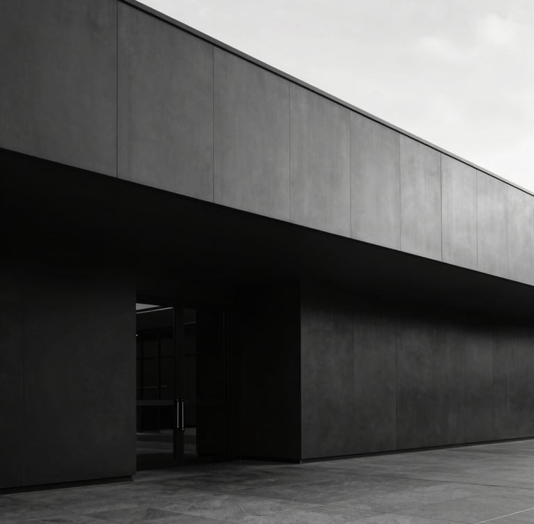 Minimalist architectural perspective of a modern, sober office lobby with clean lines and soft geometric shadows, desaturated black and white, elegant corporate aesthetic, 35mm
