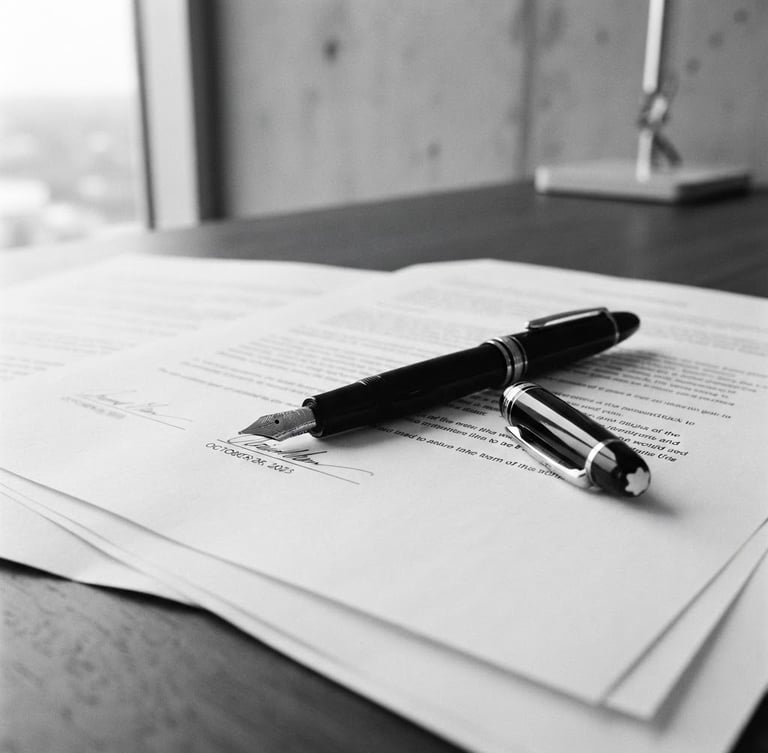 Elegant close-up of a high-end fountain pen resting on clean legal documents, soft overcast daylight, desaturated black and white, minimalist architectural aesthetic, 35mm