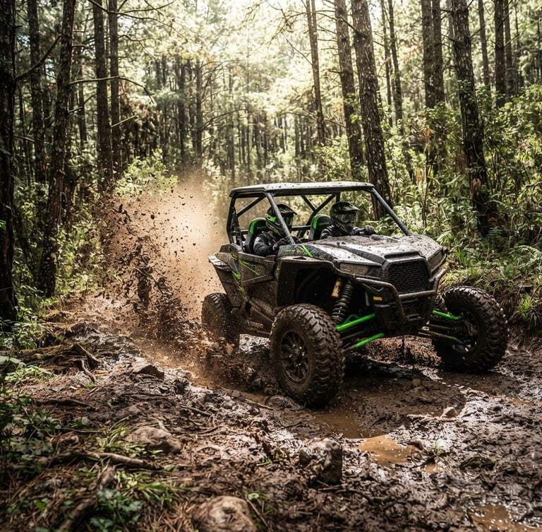 Dynamic low-angle shot of a rugged Razer 4-seater kicking up mud in the dense pine forests of La Marquesa, bright afternoon sun filtering through trees, high contrast.
