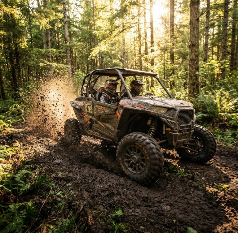 Dynamic low-angle action shot of a mud-splattered Razer 4-seater speeding through a dense green pine forest, dirt and water kicking up from the tires, bright late-afternoon sun filtering through the trees.
