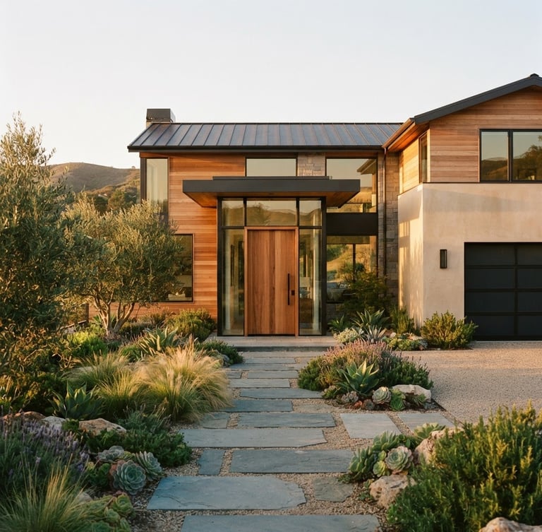 Warm golden hour shot of a modern California home exterior, architectural details prominent, with a clear view of the front door and landscaping, 35mm lens.