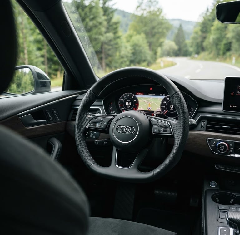 Clean eye-level shot of a detailed vehicle steering wheel and dashboard in natural daylight, focus on the wheel and instrument cluster, slightly off-center to the right, realistic outdoor setting, crisp details, 35mm lens
