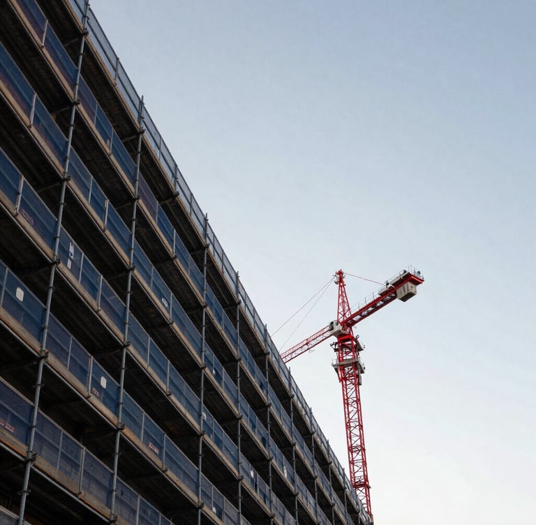 Low-angle architectural shot of structural scaffolding lines against the Melbourne morning sky, crisp daylight, desaturated navy and concrete tones with a sharp red crane in the distance.