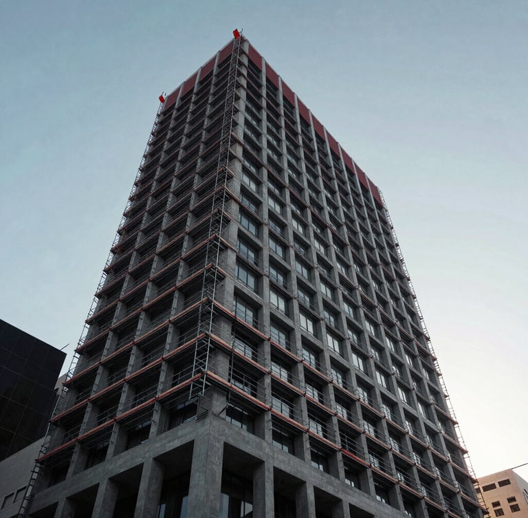 Low-angle architectural shot of a modern Melbourne commercial building under a crisp morning sky with structural scaffolding lines, desaturated navy tones.
