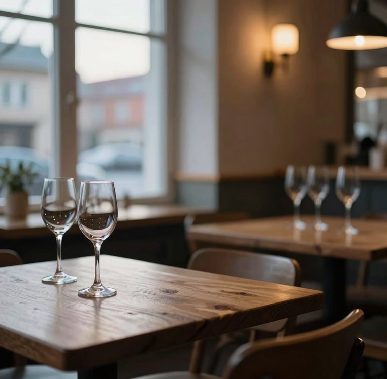 Cozy Scandinavian restaurant interior at dusk, soft daylight from a window, rustic wooden tables with empty wine glasses, soft focus background